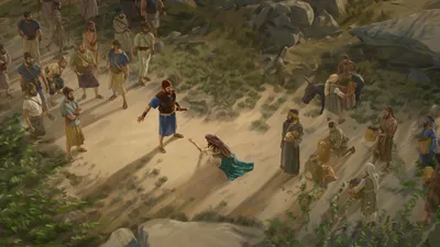 David listening attentively to Abigail as she kneels on the ground and pleads with him. David’s men observe nearby. Abigail’s servants wait behind her, holding many gifts.