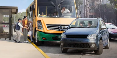 An angry bus driver yelling at another driver who has cut him off in traffic. Meanwhile, a mother and her young son help an elderly woman to exit the bus.