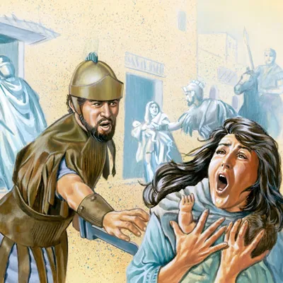 A soldier grabbing a young son from his mother