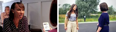 Scenes from the video “‘Put Away’ Peace Wreckers​—Excerpt.” 1. Emily and Celia sit across from each other at a café. Celia looks at Haley’s social media post on a smartphone. 2. Haley speaks angrily to Celia in the Kingdom Hall parking lot.