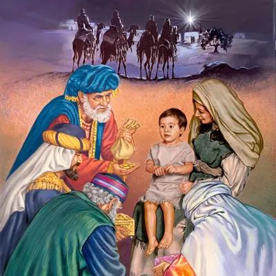 Astrologers who followed a star to Bethlehem giving gifts to Mary and Jesus