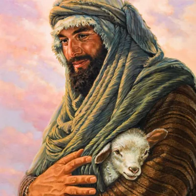 A shepherd cradling a lamb in his bosom.