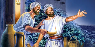 Two men with a burning lamp as they wait for their master’s return