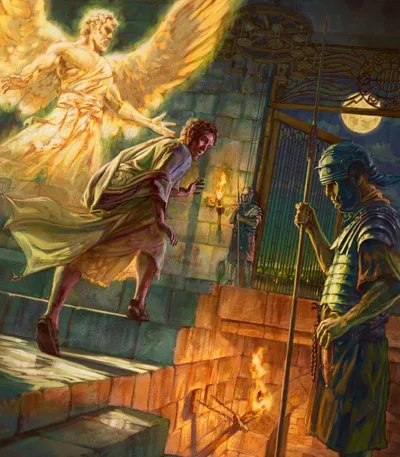 Peter following an angel past the sentinel guards to an iron gate leading into the city.