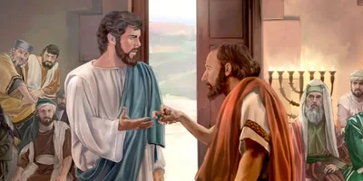 Jesus about to heal a man with a withered hand