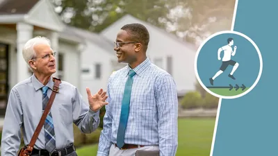 An icon of a runner moving forward, next to an older brother having an enjoyable conversation with a younger brother while they work in the ministry.