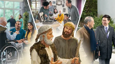 Elijah talking to Elisha. Collage: Ways to benefit from the experience of older ones. 1. A couple listen to an older brother in a nursing home. 2. Brothers and sisters look at a photo album and a phonograph with an older sister at her home. 3. A young brother works with an older brother in the ministry.