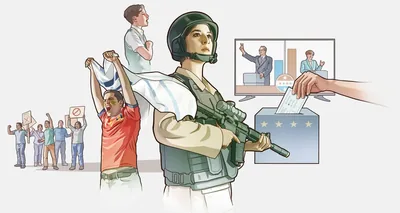 Collage: 1. A group of angry people hold signs and protest. 2. A man cheers and holds a flag up at a sporting event. 3. A student recites a pledge of allegiance. 4. A soldier holds a machine gun. 5. Two political candidates debate. 6. A woman puts her vote in a ballot box.