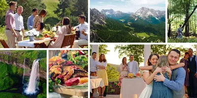 Scenes from the video “Take Delight in God’s Promises of Peace​—Excerpt.” Collage: 1. Brothers and sisters enjoy a picnic together. 2. An aerial view of mountains and forests. 3. The resurrected prophet Daniel walks through a forest. 4. A couple hugs their resurrected young daughter. 5. A tray of fruits and vegetables. 6. A waterfall.