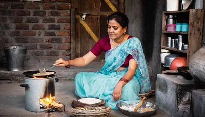 A woman cooking a meal while seated on the floor of her modest home. Her small, open-flame stove is simple yet produces little smoke.