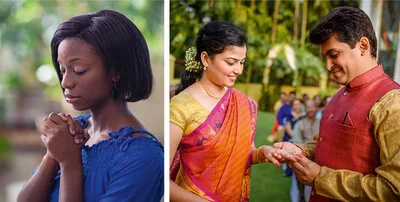 Collage: People making vows. 1. A young woman prays. 2. A couple exchange rings at their wedding ceremony.