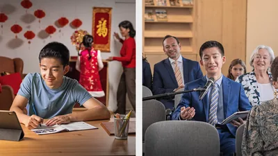 Collage: 1. A young brother studies a publication while his non-Witness family decorates the home for a holiday. 2. The same young brother comments at a congregation meeting.
