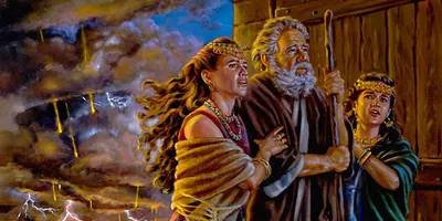 Lot and his two daughters arriving safely at Zoar while sulfur and fire rain down on Sodom and Gomorrah.