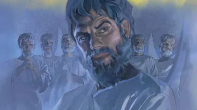 Satan surrounded by wicked angels in heaven.