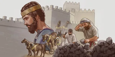 King Solomon contemplating a decision. Collage: 1. A fortified city. 2. Horses and chariots. 3. Two men laboriously building a stone wall.