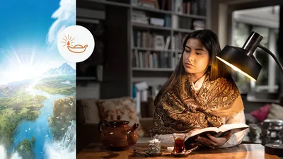 Collage: An inset of a lamp. 1. A paradisaic earth with mountains, green valleys, and a flowing river. 2. A young woman meditating on what she has read in the Bible.