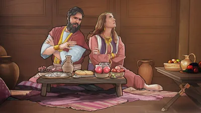 An unhappy, wealthy couple in Bible times, sitting down for an elaborate meal. Both have their arms crossed, and the wife looks away dismissively while her husband speaks.