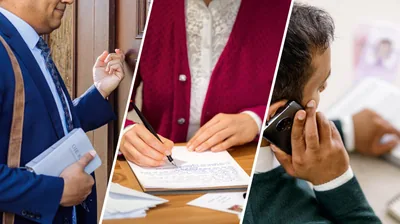 Collage: Brothers and sisters participate in the preaching work. 1. A brother goes from door to door. 2. A sister writes a letter. 3. A brother witnesses by telephone.