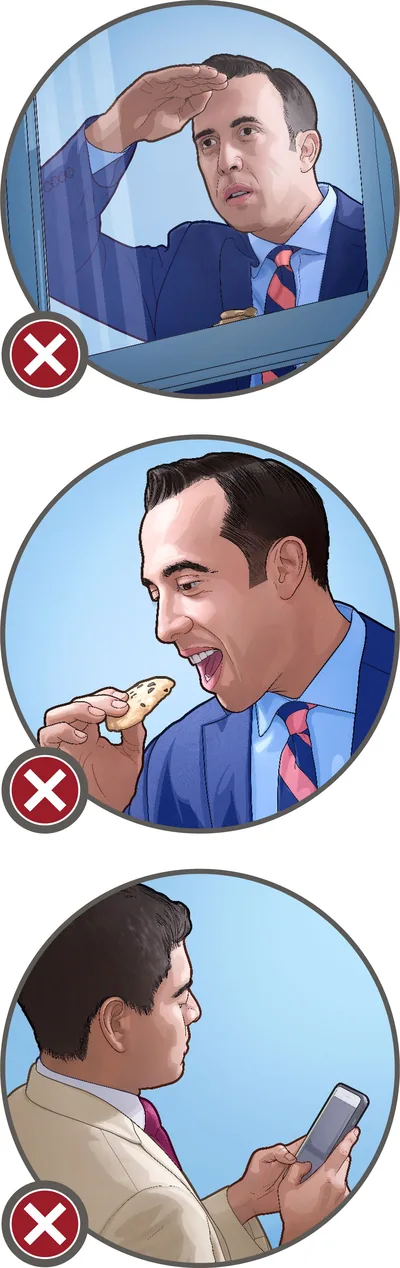 While standing at the door in the ministry, a brother peers in a window, a brother eats a cookie, and a brother texts