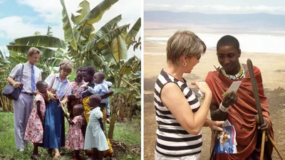 Collage: 1. Mats and Ann-Catrin preach to a mother and her children. 2. Ann-Catrin witnesses to a Maasai boy.