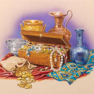 An overflowing jewelry box, gold coins, silver and gold pitchers
