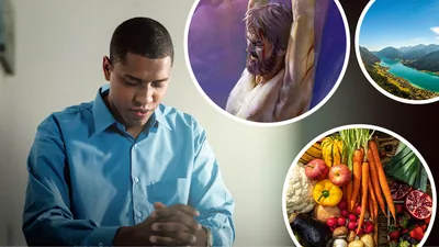 A brother praying. Collage: 1. Jesus hangs from a torture stake. 2. A beautiful river surrounded by mountains. 3. A colorful selection of fruits and vegetables.