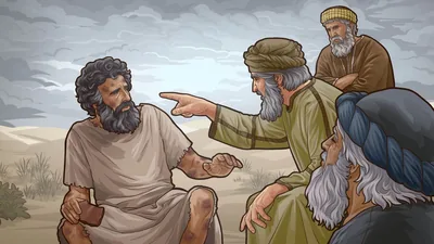 Eliphaz pointing an accusing finger at Job, who is covered in boils, while two other false comforters observe.