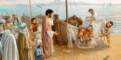 Jesus talks to Peter, Andrew, James, and John on the shore of the Sea of Galilee