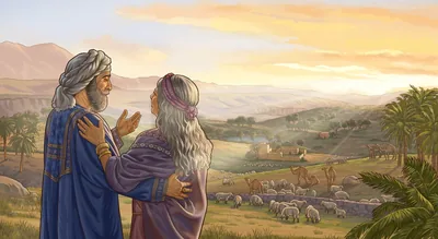 Job and his wife on a hillside appreciatively looking at each other. Job gestures toward their flocks and home.