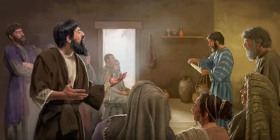 In the early Christian congregation, two men sneer as the scriptures are read