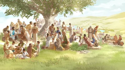 Jesus giving bread and fish to his disciples. The disciples distribute the food to a large crowd of men, women, and children.