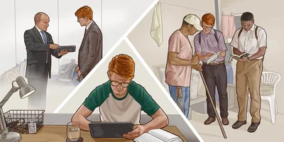 Illustrations based on the video “Enter the Door to Activity in Faith​—Move to Where the Need Is Greater.” Collage: 1. Gabriel does research. 2. He talks with an elder about contacting the branch office. 3. He preaches with his friend Samuel during a special preaching campaign.