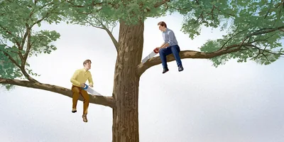 Two angry men sitting opposite each other on the branches of a tree. Each man saws off the branch he is sitting on.