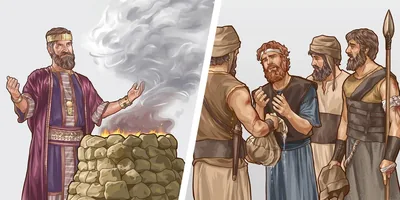 Collage: 1. King Saul haughtily offers a sacrifice on an altar. 2. David refuses to drink water that one of his warriors offers him.
