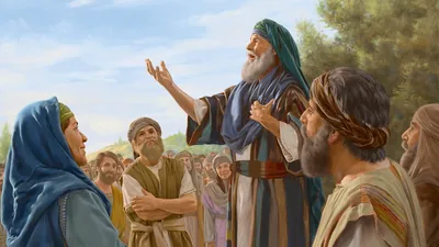 Moses teaching the Israelites the words of a song of praise to Jehovah.