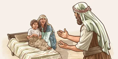 The Shunammite woman excitedly embracing her resurrected son as Elisha looks on.