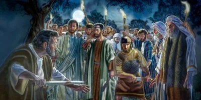 Jesus rebukes Peter for using a sword to cut off Malchus’ ear; the soldiers stand ready to arrest Jesus