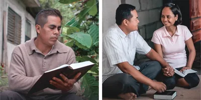Scenes from the video “Build a House That Will Endure​—Be ‘Content With the Present Things.’” Collage: 1. Ángel reads the Bible. 2. Lester and his wife read the Bible together.