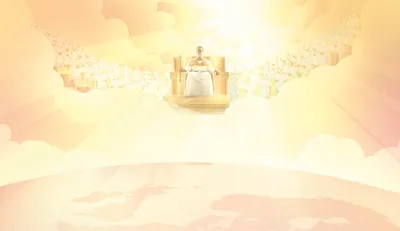 Jesus Christ ruling over the earth from his heavenly throne. His associate rulers are seated behind him. Jehovah shines brightly behind them.