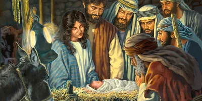 Mary, Joseph, and shepherds looking at the infant Jesus lying in the manger