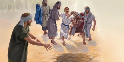 Joseph’s brothers dragging him to a dried-out waterpit. One of his brothers is holding Joseph’s special robe.