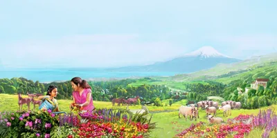 A mother and daughter water flowers in Paradise