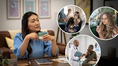 Collage: A sister preparing for the ministry by thoughtfully reflecting on the circumstances of the people in her territory. 1. A mother protectively holds her young son while a man threatens them with a raised fist. 2. A young woman smokes a cigarette. 3. An elderly woman receives bad news from a doctor regarding her health.