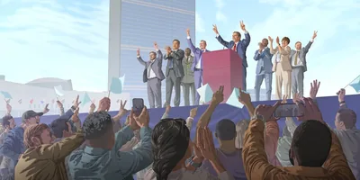 World leaders standing near the United Nations headquarters and proclaiming “peace and security” to a large, excited crowd of people.