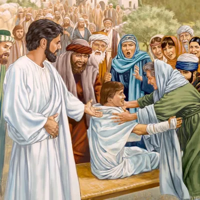 Jesus gives the resurrected young man to his mother; an amazed crowd looks on