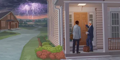 Two brothers knock on a door while a storm approaches