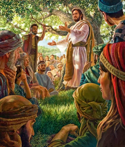 Jesus speaking to a crowd of his disciples.