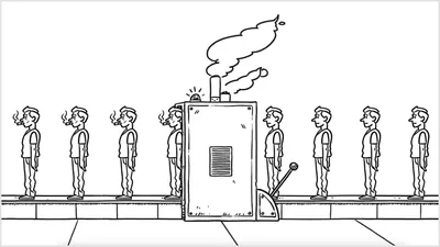 A scene from the video “Don’t Let Your Life Go Up in Smoke.” An assembly line cranks out dolls that are smoking.