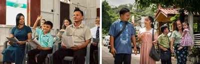 Collage: 1. Parents sit together with their son during a congregation meeting. The son raises his hand to comment. 2. A family works together in the field ministry. The father works with the teenage daughter while the mother works with the two younger children.