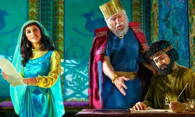 Esther watches as Mordecai dictates a new law to a secretary